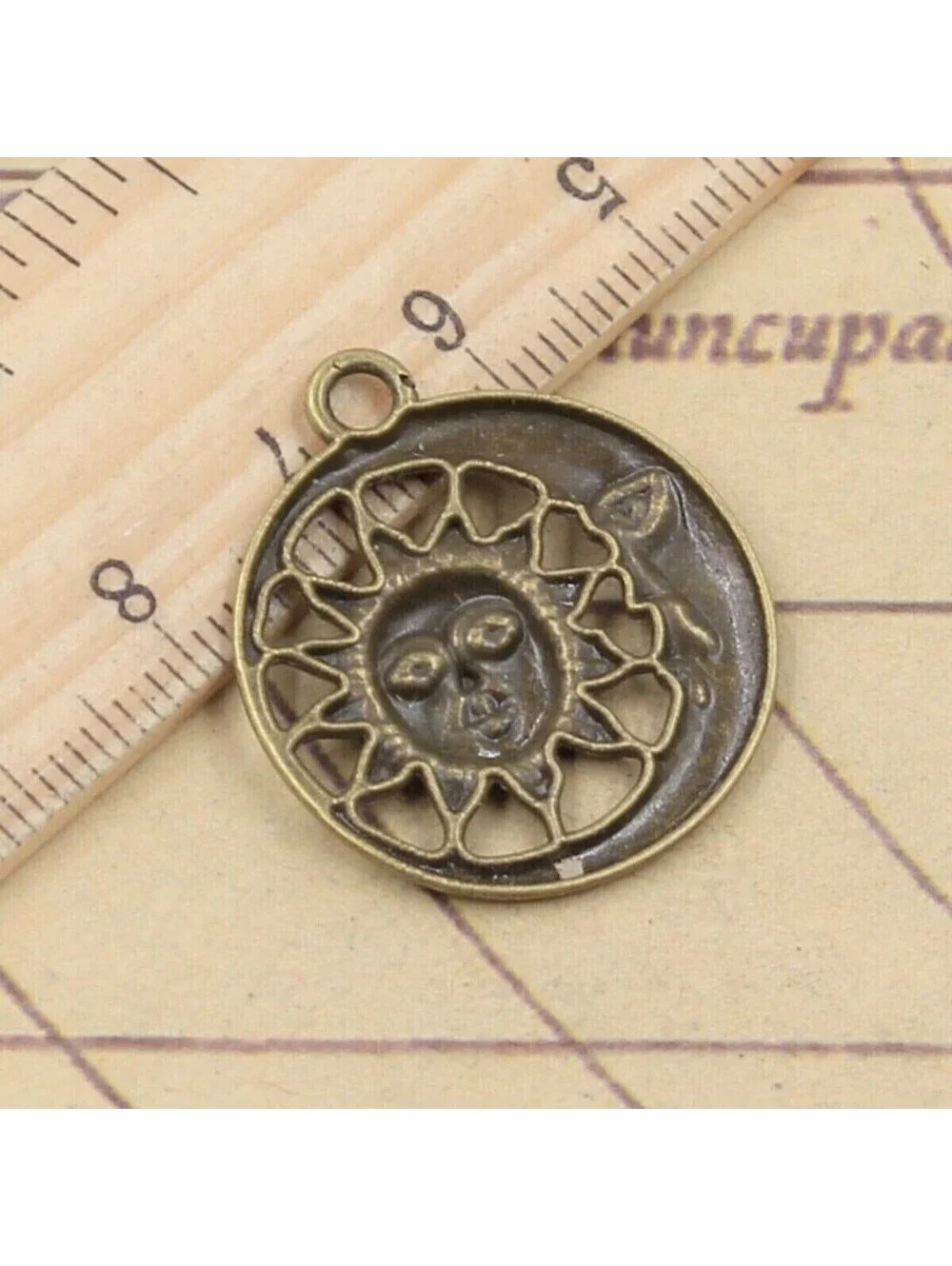 Celestial Sun Crescent Bronze Antiqued Brass Moon Pagan Wiccan Pendants 2 pcs